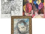several paintings and drawings of a man in a hat and a woman in a dress