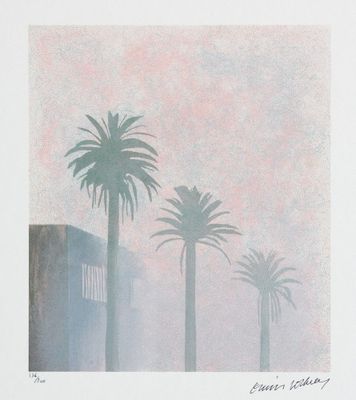 tableau représentant trois palmiers devant un ciel rose