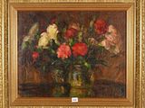 painting of flowers in a vase on a table in a gold frame