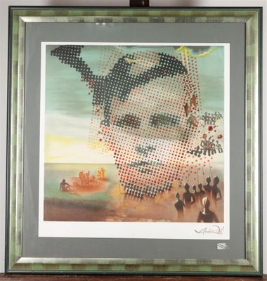framed picture of a painting of a man in a boat with people