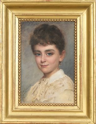 portrait of a woman in a white dress in a gold frame