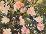 une peinture de fleurs roses dans un vase sur une table