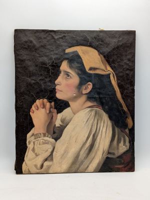 portrait d'une jeune femme fumant la pipe, à côté d'un tableau représentant une femme
