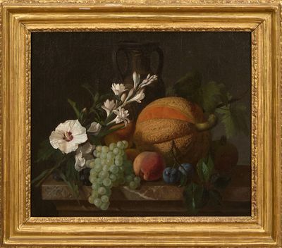 painting of a still life of fruit and flowers on a table