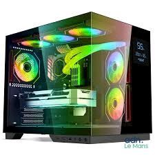 a black computer case with a rainbow light on it