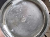 a person holding a silver plate in their hand