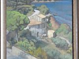an image of a painting of a house on a hill by the water