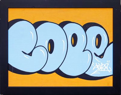 a picture of a painting of the word boo on a yellow background