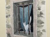 un tableau représentant un chat assis sur le rebord d'une fenêtre