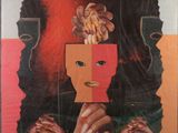 painting of a person holding a piece of paper with a face on it