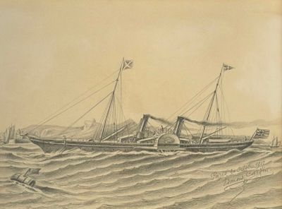 a drawing of a boat in the water with a flag on it