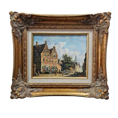 an oil painting of a building with a horse drawn carriage in front of it