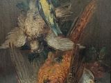 un tableau représentant un oiseau, un faisan et un faisan dans un bol en verre