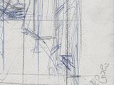 drawing of a window with a view of a tree and a bench