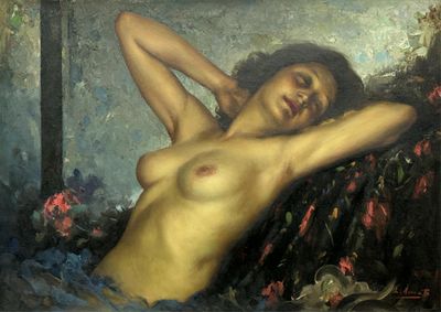 a painting of a nude woman laying on a couch