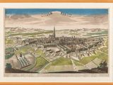 an old drawing of a city with a mountain in the background