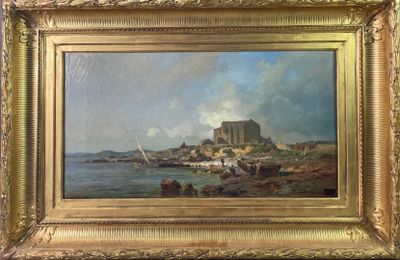 une peinture à l'huile représentant la vue d'un château sur une côte rocheuse
