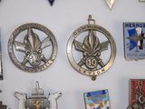 many badges on the wall of a room