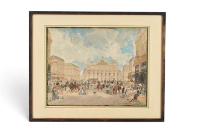 peinture d'une scène de rue avec une voiture à cheval au premier plan