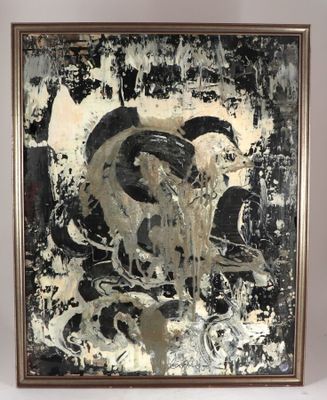 une image représentant un tableau où figure un oiseau noir et blanc sur fond noir