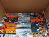 a box full of skis and ski poles in it