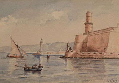 un tableau représentant un phare et un bateau sur l'eau