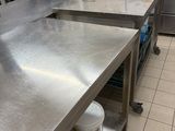 a large stainless steel counter top in a commercial kitchen