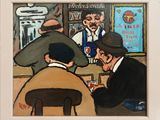 un tableau représentant un groupe d'hommes assis à un bar