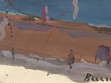 a painting of a beach scene with people walking on the sand