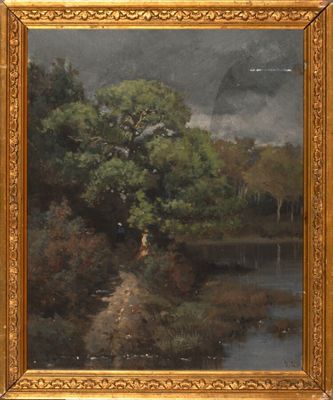 painting of a landscape with a river and trees in a gold frame