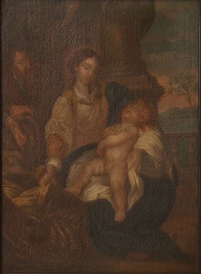 an old painting of a woman holding a baby in her lap
