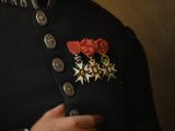 a painting of a man in a military uniform with a flower on his lapel
