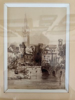 tableau représentant une scène urbaine avec une église et une rivière