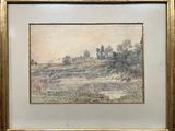 painting of a landscape with a river and a church in the distance
