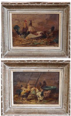 paire de peintures à l'huile françaises du XIXe siècle représentant des poules et des coqs
