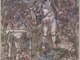 une image représentant un dessin d'un homme debout au sommet d'un tas de vieilleries
