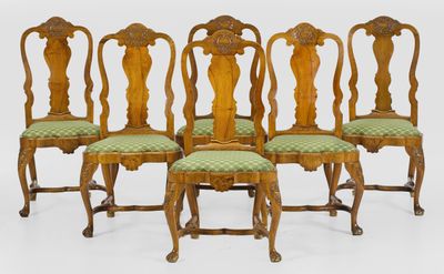 set of six victorian style walnut dining chairs with green upholstered seats