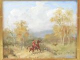 painting of a man riding a horse in a wooded area with a dog