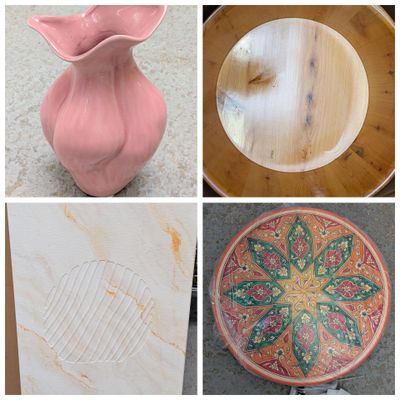 plusieurs photos d'un vase rose et d'une assiette en bois posés sur une table