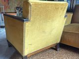 mustard colored chair in a living room with a potted plant in the corner