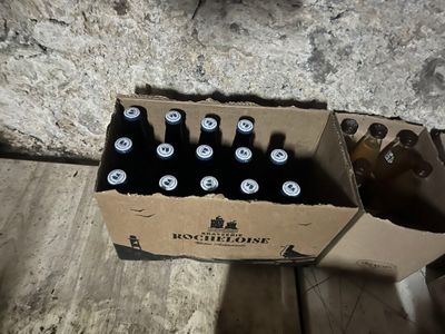 a cardboard box with six bottles of beer in it