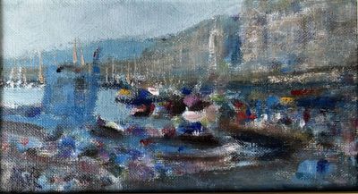 une peinture représentant une scène portuaire avec des bateaux et des gens