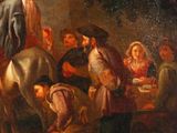 painting of a group of people gathered around a man on a horse