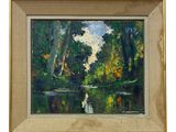 une peinture à l'huile représentant une rivière avec des arbres en arrière-plan