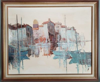 une peinture à l'huile représentant des bateaux dans un port avec des bâtiments à l'arrière-plan