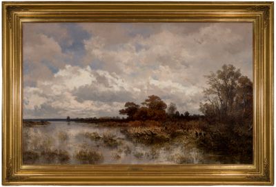 an image of a painting of a lake with trees and clouds in the background