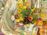 painting of a woman sitting in a chair with a bouquet of flowers