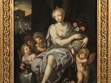 un tableau représentant une femme avec deux enfants et un vase