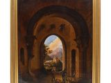a painting of a man and a dog in an archway