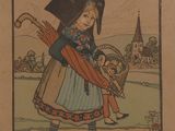 an old picture of a little girl holding an umbrella and a basket